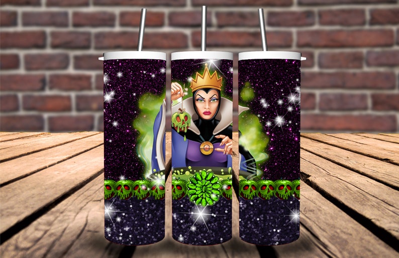 May include: Three stainless steel tumblers with a black glitter background and a green and purple image of the Evil Queen from Snow White holding a poisoned apple. The tumblers have a green skull design at the bottom.