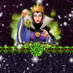 May include: Evil Queen from Snow White holding a poisoned apple in front of a cauldron. She is wearing a purple and black dress with a crown. The background is a sparkly purple and green.