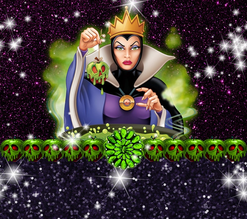 May include: Evil Queen from Snow White holding a poisoned apple in front of a cauldron. She is wearing a purple and black dress with a crown. The background is a sparkly purple and green.