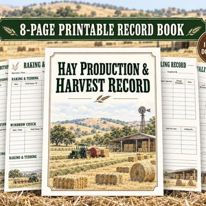 Può includere: Un registro stampabile di 8 pagine per la produzione e il raccolto del fieno. La copertina mostra una scena agricola con un trattore, balle di fieno e un mulino a vento. Le pagine includono tabelle per tracciare sfalcio, rastrellatura e controlli.