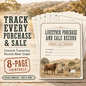 May include: A stack of 8-page printable livestock purchase and sale record forms. The top sheet features the text "LIVESTOCK PURCHASE AND SALE RECORD" with fields for farm name, owner, and year, plus an illustration of a cow, sheep, and goat.