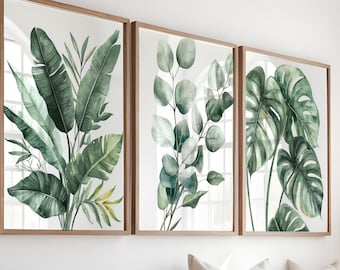 Monstera Leaf Watercolor Art Print Set: Tropical Botanical Wall Decor