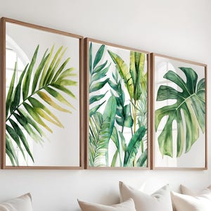 May include: Three framed botanical prints with watercolour illustrations of tropical leaves in green and yellow hues. The prints are displayed above a light-coloured sofa with cushions and a woven basket.