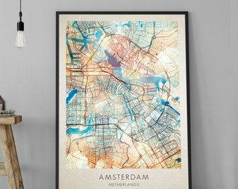 Amsterdam Map, Modern Map Print Art,  Watercolor Art wall décor,  Framed A4 Map Poster