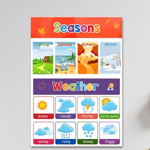 Imagen educativa sobre las estaciones y el clima para niños, imprimible para preescolar, pósteres de educación en casa para niños pequeños, descarga de impresión digital
