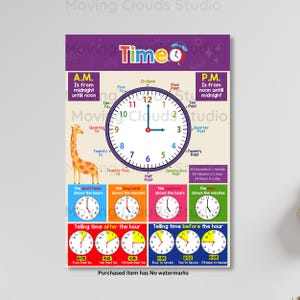 Póster imprimible para aprender el tiempo, pósteres educativos para preescolar y educación en casa, reloj de aprendizaje temprano para niños pequeños, descarga de impresión digital