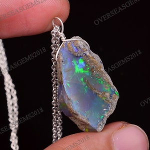 Real Ethiopian Opal Rough Pendant Necklace, Natural Raw Fire Play Opal Crystal, Christmas Gift for her, 925 Silver Jewelry Pendant 18 inch