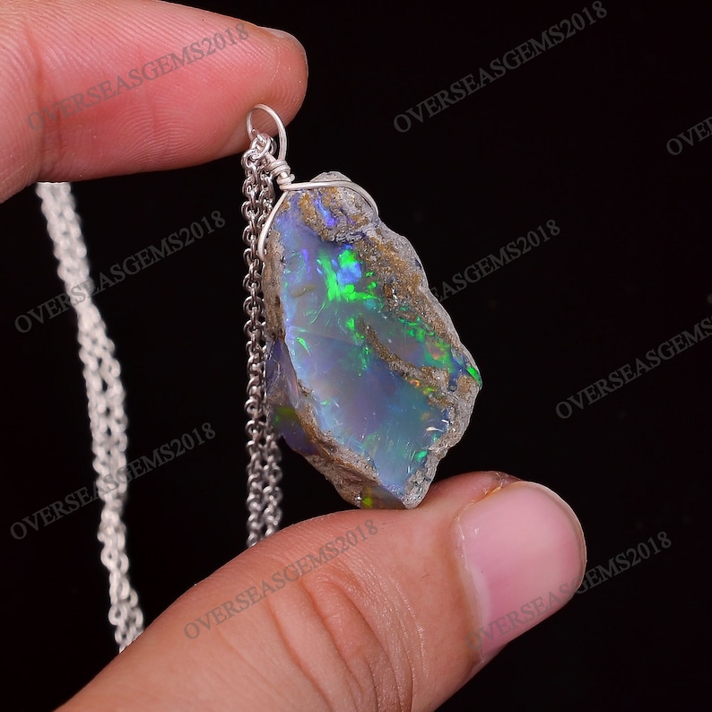 Real Ethiopian Opal Rough Pendant Necklace, Natural Raw Fire Play Opal Crystal, Christmas Gift for her, 925 Silver Jewelry Pendant 18 inch image 1