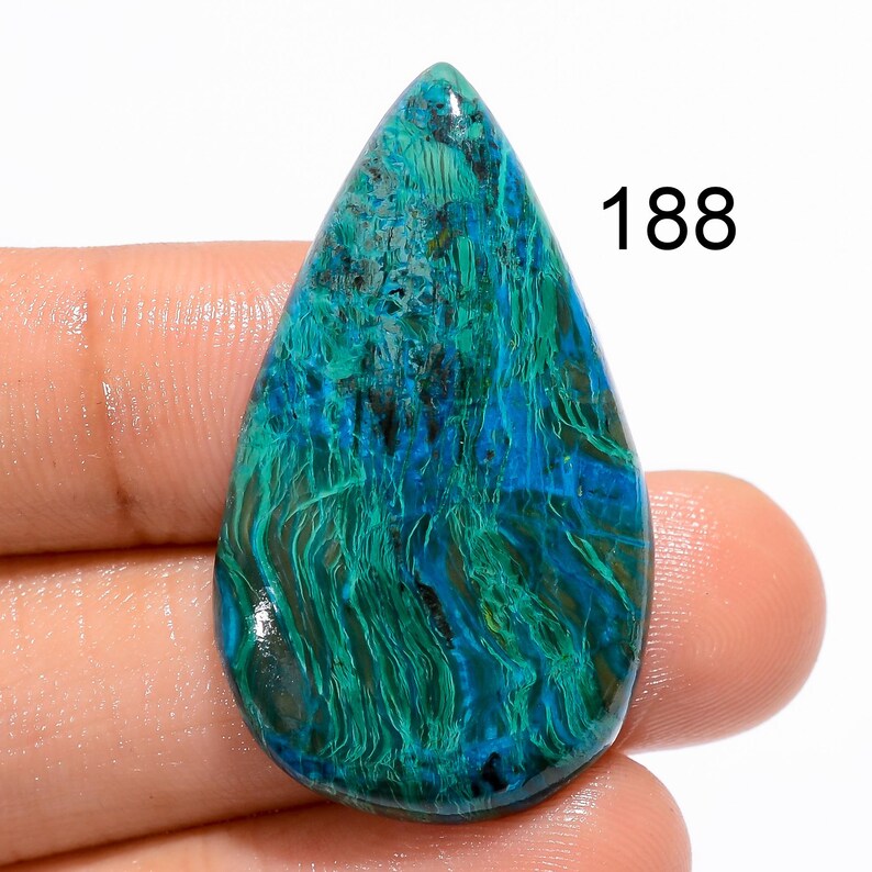 Cabochon en pierre précieuse azurite malachite : forme rare de poire mexicaine 188 : 36X21X5 mm