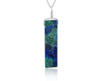 Azurite Malachite Slab Pendant Necklace: Silver Plated Cabochon Jewelry.