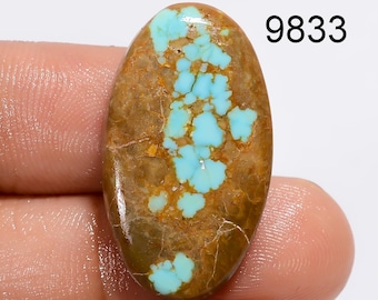 May include: An oval-shaped gemstone with a brown base and striking turquoise blue patterns. The gemstone is held between fingers and has the number "9833" printed on the side. The stone's surface is polished and smooth.