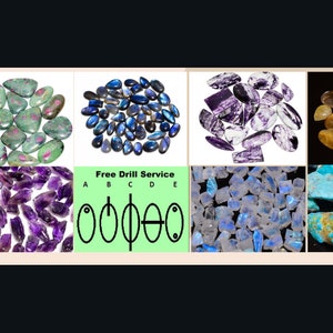May include: Assortment of gemstone cabochons in various colours and shapes, including pink, green, blue, purple, yellow, and turquoise. The image also shows a diagram of different drill hole options for the stones. Free drill service is offered.