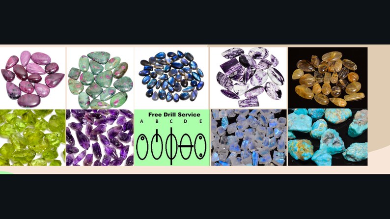 May include: Assortment of gemstone cabochons in various colours and shapes, including pink, green, blue, purple, yellow, and turquoise. The image also shows a diagram of different drill hole options for the stones. Free drill service is offered.