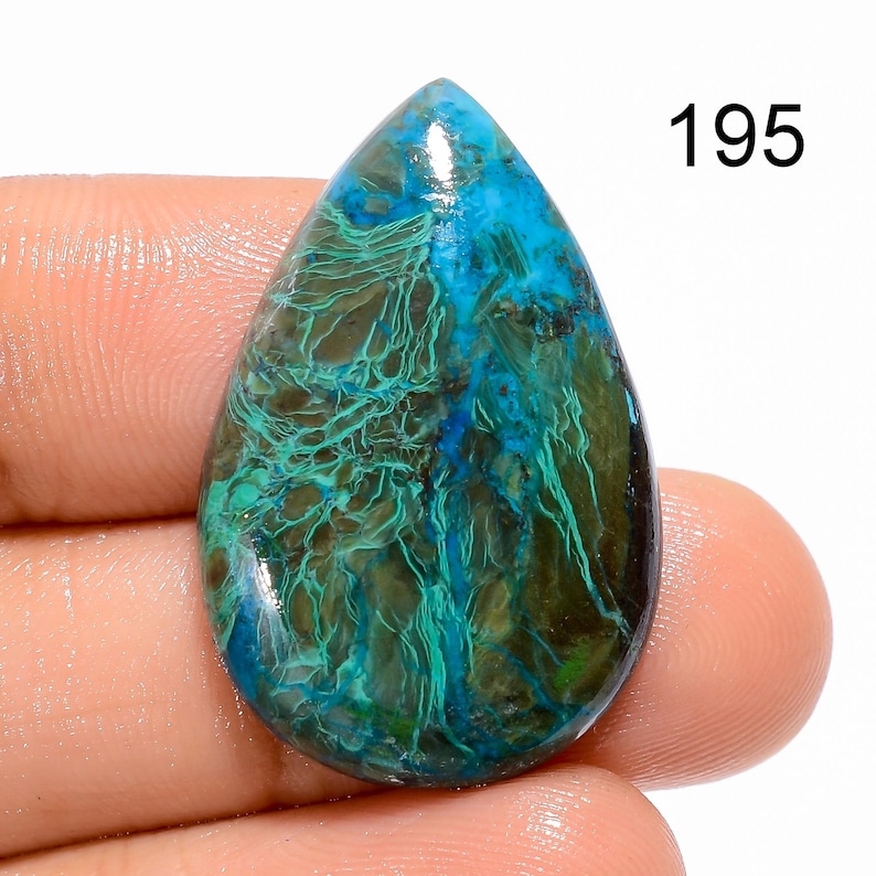 Cabochon en pierre précieuse azurite malachite : forme rare de poire mexicaine 195 : 30X20X5 mm