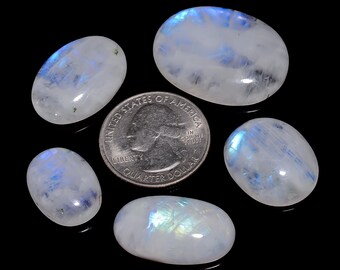 Natural Rainbow Moonstone Gemstone, 5 PcsRainbow Moonstone Oval Cabochon, Loose Moonstone Gemstone For Jewelry Making Supply, Christmas Gift