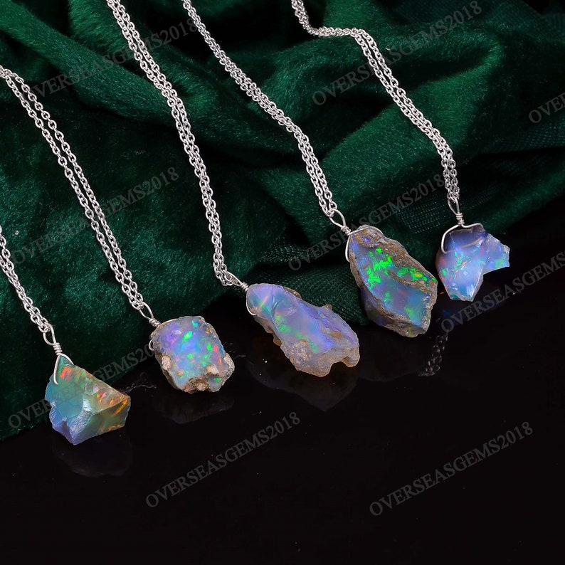 Real Ethiopian Opal Rough Pendant Necklace, Natural Raw Fire Play Opal Crystal, Christmas Gift for her, 925 Silver Jewelry Pendant 18 inch image 3