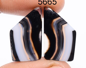 Natural Black Banded Agate Pair: Designer Cabochon Gemstone for Earrings