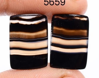 Black Banded Agate Cabochon Pair: Natural Gemstone Earring Supplies.