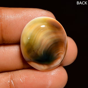 May include: A round, polished, multi-colored stone cabochon with brown, yellow, and white swirls. The stone has a smooth, glossy finish.