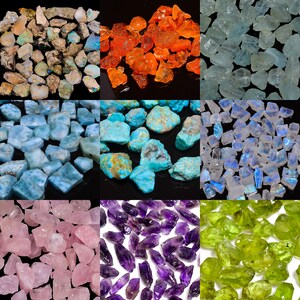May include: Assortment of loose gemstone chips in various colors, including blue, green, purple, pink, orange, and white. The chips are arranged in a grid pattern.