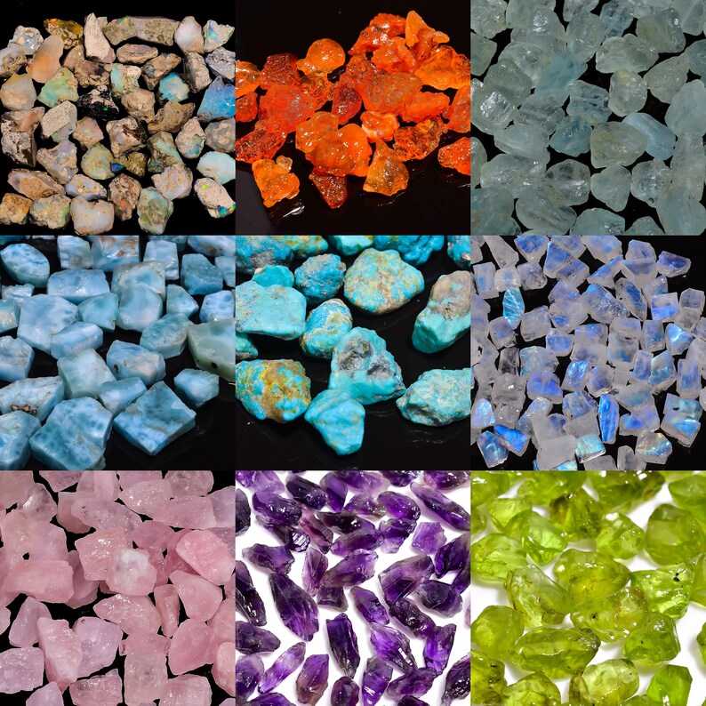 May include: Assortment of loose gemstone chips in various colors, including blue, green, purple, pink, orange, and white. The chips are arranged in a grid pattern.
