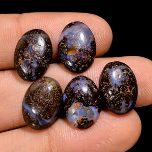 Può includere: Cinque pietre preziose di opale nero di forma ovale con sfumature iridescenti blu e viola. Gli opali sono posizionati su uno sfondo scuro.