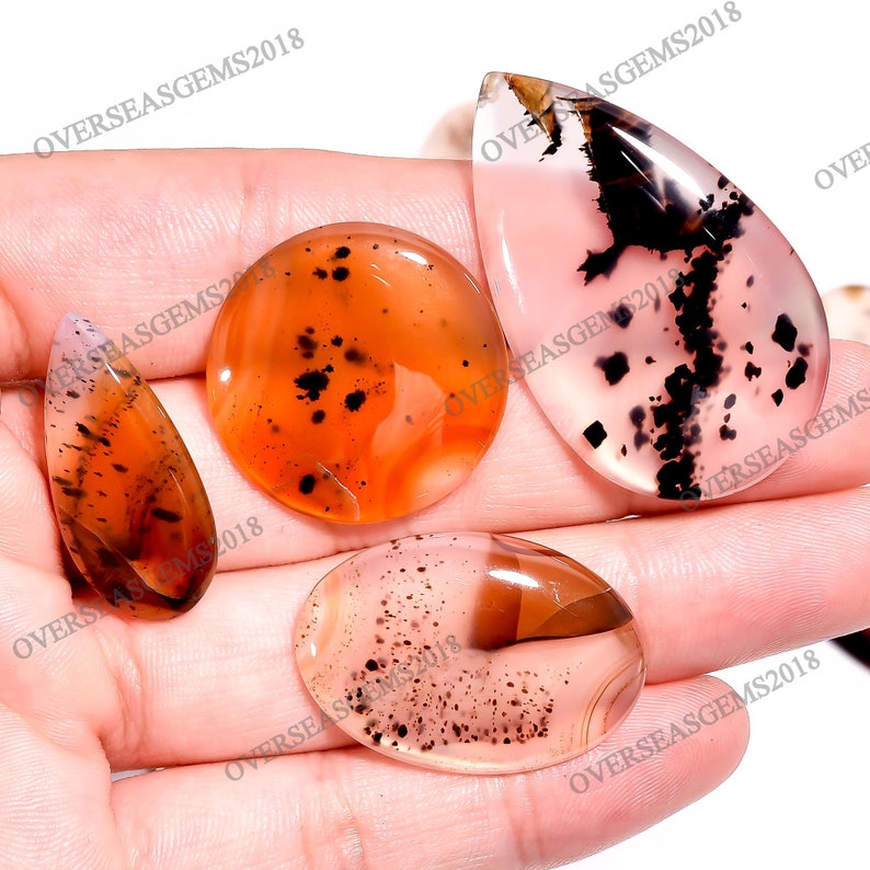May include: Four agate cabochons in various shapes and sizes. The cabochons are translucent and feature a pink, orange, and white base with black dendritic inclusions. The cabochons are displayed on a hand.