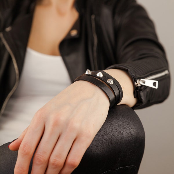 Wrap leather bracelet with spikes for women, handmade of natural leather and metal spikes