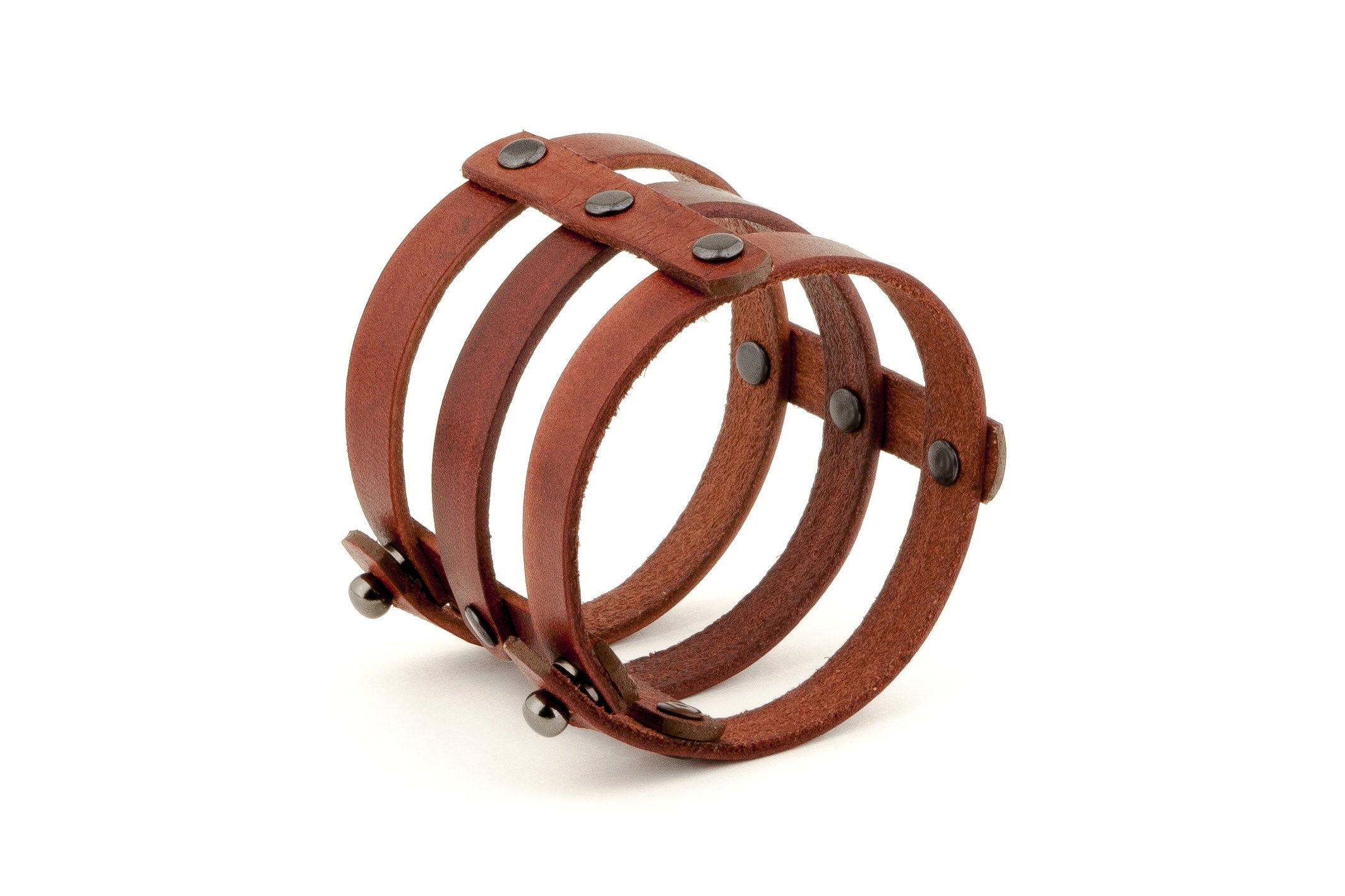 Wide Leather Bracelet, Handmade, Unique Design, Riveted, Desaturated