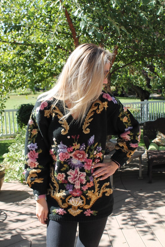 Vintage 1960's Vintage Black and Floral Sweater - image 2