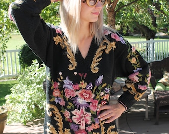 Vintage 1960's Vintage Black and Floral Sweater