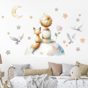 The Little Prince Wall Sticker for Children's Room, Retro Wall Sticker with Prince and Fox, Airplanes with Stars Removable Wall Sticker