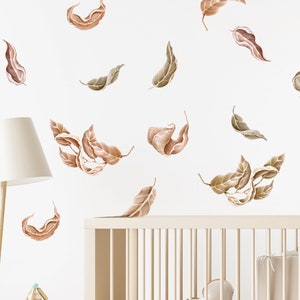 Boho leaves wall stickers children's room, boheme autumn retro leaves vintage gift flowers watercolor, beige wall stickers