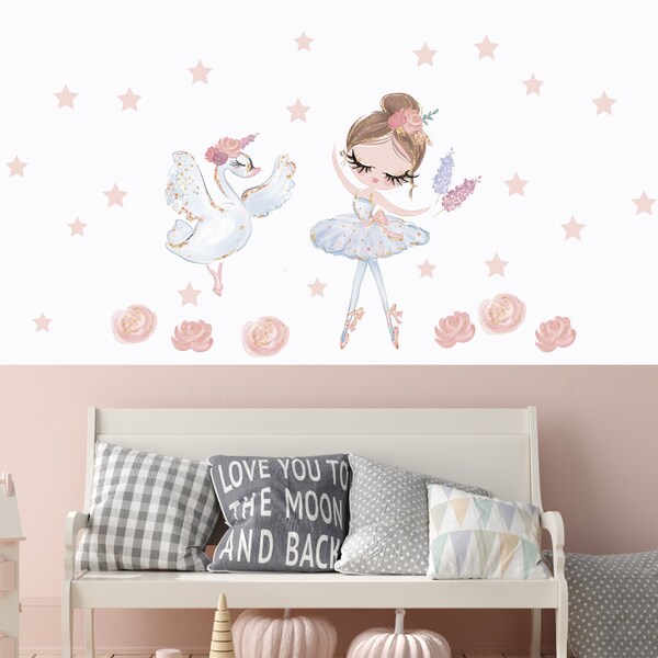 Autocollant mural ballerine, stickers muraux ballerine chambre d'enfant, déco murale bébé filles, déco murale cygne & princesse, déco chambre fille, autocollant mural étoiles roses