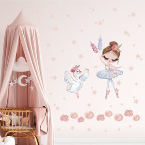 Adesivo de parede de bailarina para quarto de meninas, adesivo de parede de bailarina para bebês, decoração de parede de cisne e dançarina com estrelas e flores