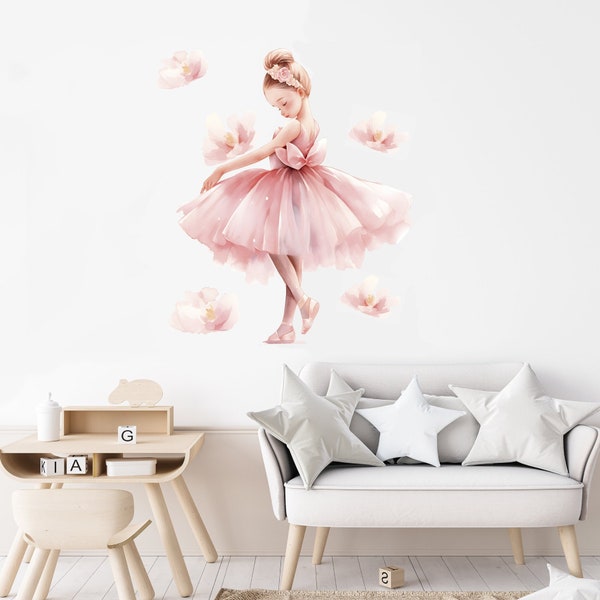 Autocollant mural ballerine, cadeau décoration fille, autocollant mural ballet avec fleurs, autocollant mural danseuse avec fleurs