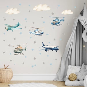 Decalcomania da muro aeroplani per la cameretta dei bambini, decalcomania da muro aeroplani e stelle, decalcomania da muro bambino, adesivo da muro aereo