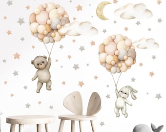 Stickers muraux pour chambres d'enfants, montgolfières beige avec lapin et ours, montgolfières bohème rétro avec nuages pour bébé, montgolfières pour enfants