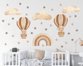 Wall stickers for children's rooms, hot air balloons in beige, bear and rabbit with hot air balloons, boho retro hot air balloons with clouds and stars
