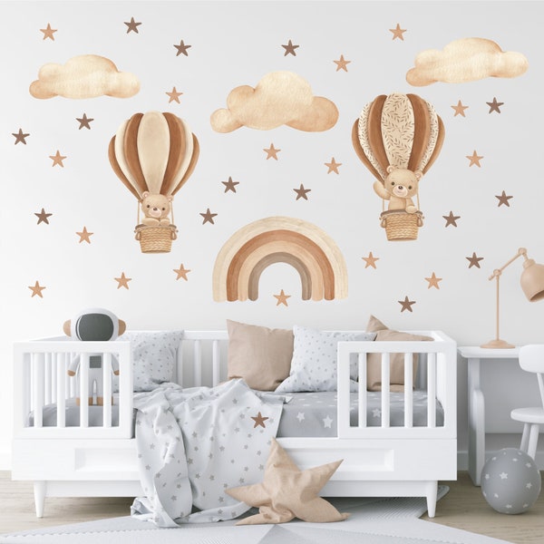 Muurstickers voor kinderkamers, luchtballonnen in beige, beer en konijn met regenboog, boho retro luchtballonnen met wolken en sterren