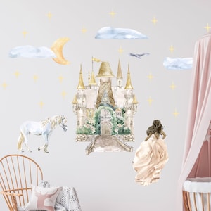Princess wall sticker children&#39;s decoration, princess castle with unicorn wall sticker for girls&#39; room, magical horse with stars wall sticker