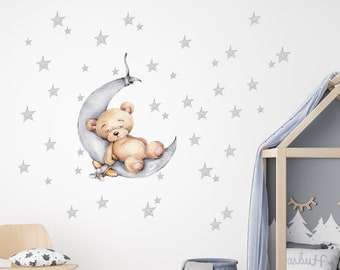 Crescent Moon and Bear Wall decals watercolor nursery stars cute teddy wallsticker art decoration lullaby sleeping animal furry friend lunar