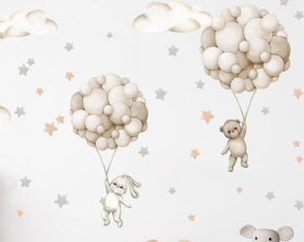 Wandsticker für Kinderzimmer, Heißluftballons Beige mit Hase und Bär, Boho Heissluftballons Retro mit Wolken für baby, Air Ballons for Kids