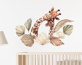 Wall sticker giraffe family boho, toddler watercolor room decoration, mom giraffe with boho leaves wall sticker, beige giraffe wall sticker