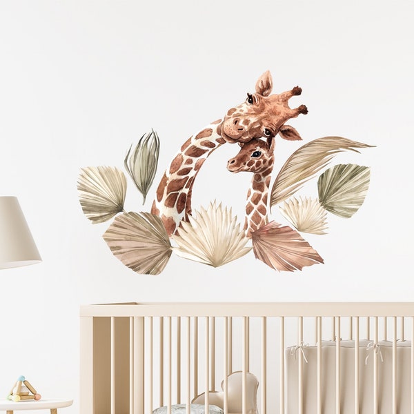 Giraffe familie boho muur sticker, peuter aquarel kamer decoratie, moeder giraffe met boho bladeren muur sticker, beige giraffe muur sticker