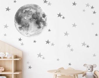 Autocollant mural étoiles de lune, autocollant mural pour chambre d’enfant, gris lune, pépinière de décalcomanie murale, autocollant mural spatial