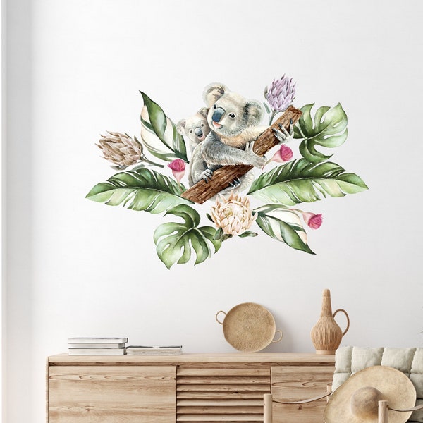 Koalabär Wandtattoo für Kinderzimmer, Wand Dekoration für Kinder, Mama Koala mit Tropische Blätter Wandsticker, Safari Tiere Wandsticker