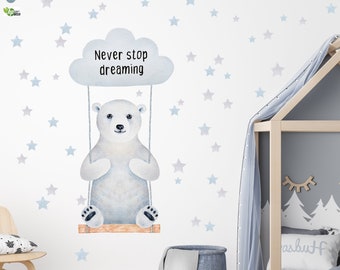 Polar bear wall stickers nursery, cloud and stars wall decal, animals wall decals nursery wall room, Polar Papa Bear Wall decals