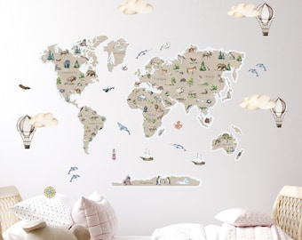 Wall sticker world map for children&#39;s room, World Map, Africa Safari Animals Wall Sticker, Beige Watercolor World Map, Jungle Animals