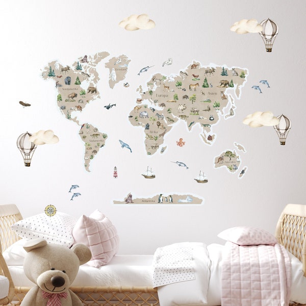Wandsticker Weltkarte für Kinderzimmer, World Map, Afrika Safari Tiere Wandtattoo, Beige Aquarelle Weltkarte, Dschungel Tiere